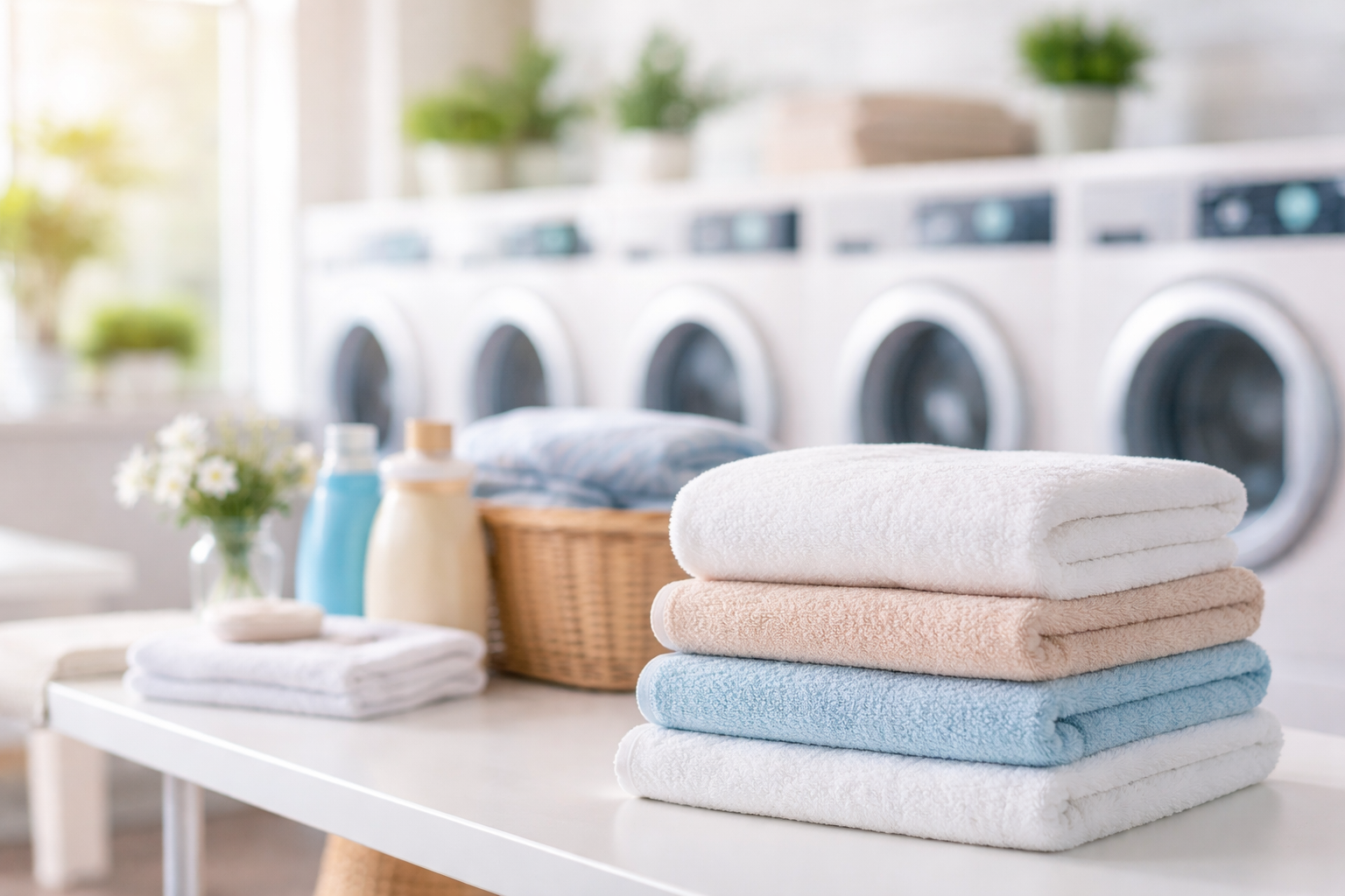 Freshly washed and folded laundry at Amaliza Laundry in Kigali